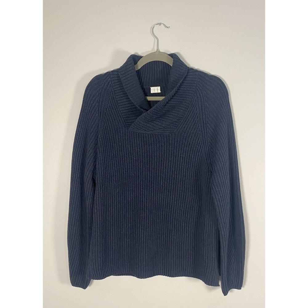 POETRY Woman's Fisherman Knit Sweater Shawl Collar Blue 100% Cotton Sz 8.  EUC